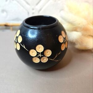 Wooden Black Carved Round Tea Light Vase with Cream Flower and Leaf Print